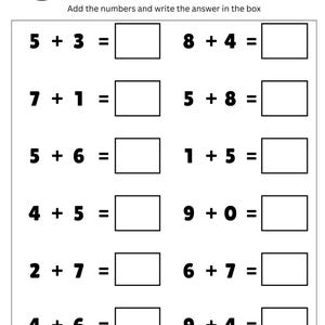 May include: A black and white worksheet titled "Easy Addition Facts for Kindergarteners." The worksheet includes addition problems with boxes for answers. The top of the worksheet has a space for the student's name.
