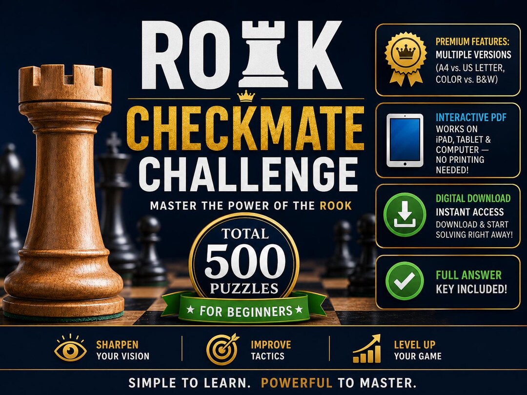 Rook Checkmate in One Move | 500 Chess Puzzles for Kids | Printable PDF ...
