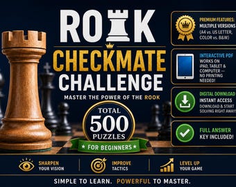 Rook Checkmate in One Move | 500 Chess Puzzles for Kids | Printable PDF Worksheets | Chess Tactics for Beginners