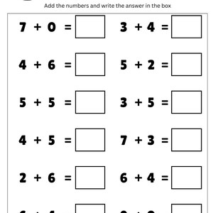 May include: A black and white worksheet titled "Easy Addition Facts for Kindergarteners." The worksheet includes addition problems with boxes for answers. The top of the worksheet has a space for the student's name.