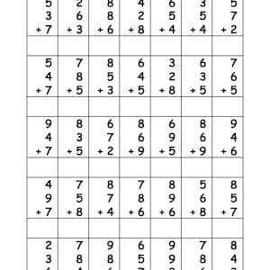 足し算ワークシート – 3つの1桁の数字の足し算 | 印刷可能な算数練習PDF | すぐにダウンロード