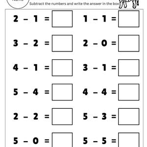 Może przedstawiać: Arkusz z zadaniami z odejmowania dla przedszkolaków, zatytułowany "Easy Subtraction Facts for Kindergarteners". Zawiera działania takie jak 2 - 1 = i 1 - 1 =. Jest miejsce na imię, uśmiechniętą buzię i ilustrację tygrysa.