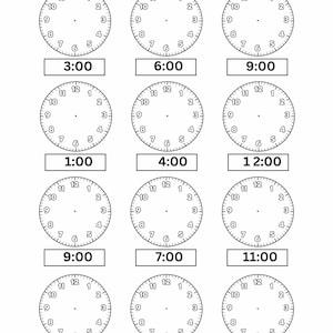 Pode incluir: Uma folha de trabalho em preto e branco intitulada "Telling Time" com doze mostradores de relógio. Cada mostrador mostra uma hora diferente, como 3:00, 6:00 e 9:00. Os relógios estão dispostos em linhas e colunas.
