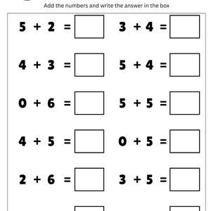 May include: A black and white worksheet titled "Easy Addition Facts for Kindergarteners." The worksheet includes addition problems with boxes for answers. The top of the worksheet has a space for the student's name.