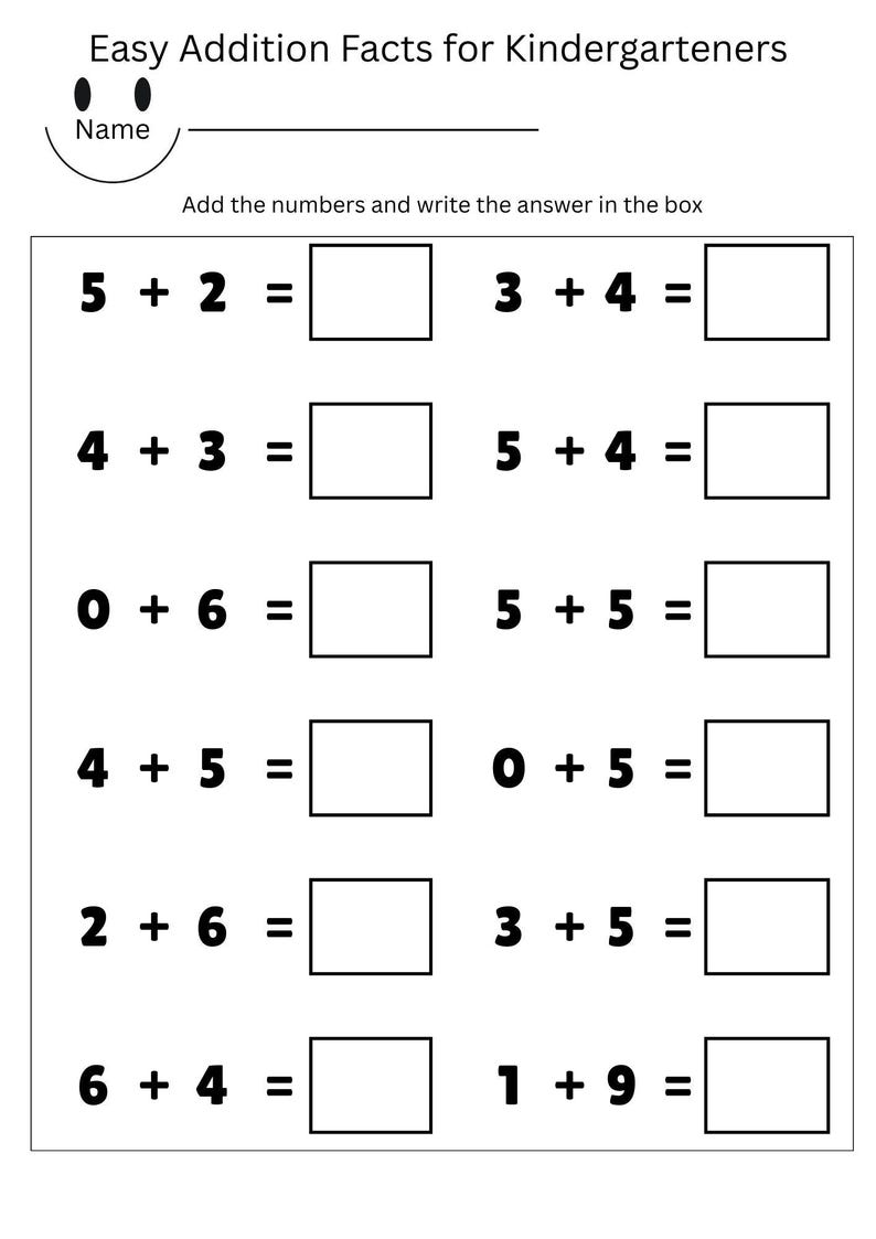 May include: A black and white worksheet titled "Easy Addition Facts for Kindergarteners." The worksheet includes addition problems with boxes for answers. The top of the worksheet has a space for the student's name.