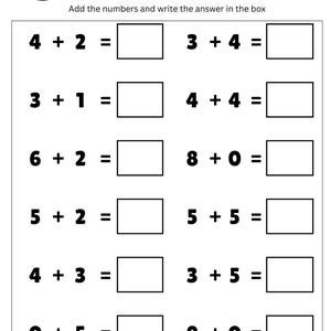 May include: A black and white worksheet titled "Easy Addition Facts for Kindergarteners." It features addition problems with boxes for answers. The top includes a space for a name.