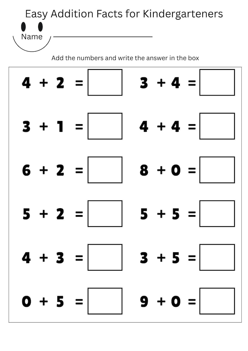 May include: A black and white worksheet titled "Easy Addition Facts for Kindergarteners." It features addition problems with boxes for answers. The top includes a space for a name.