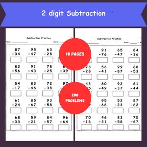 Folhas de exercícios de subtração com números de dois dígitos | 1º e 2º ano | Exercícios de fluência matemática | Atividade para ensino domiciliar | PDF para imprimir