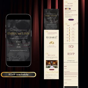 May include: A smartphone displays a wedding invitation with the names "EMMA and LIAM" in gold lettering. The invitation includes the date, time, and location. Additional panels detail dress code, RSVP, and other wedding information.