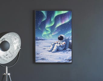 Astronaut Wall Art Under the Northern Lights, Surreal Space Illustration with Calm Arctic Mood