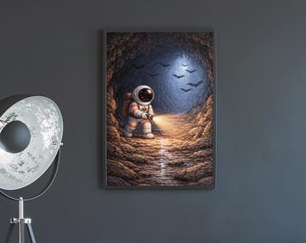 Astronaut Wall Art Exploring a Dark Cave, Surreal Space Illustration with Mystery Sci-Fi Mood