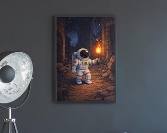 Cuadro mural de astronautas explorando ruinas antiguas de noche, ilustración espacial surrealista con ambiente místico.