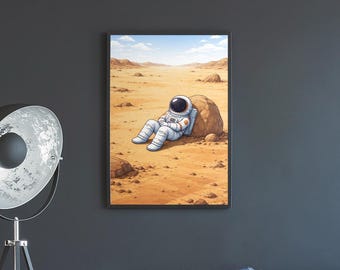 Astronaut Wall Art Resting on a Desert Planet, Calm Space Illustration with Minimal Sci-Fi Mood