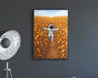 Astronaut Wall Art Walking Through a Corn Field, Surreal Space Illustration with Rural Sci-Fi Mood