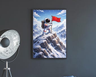 Astronaut Wall Art Planting a Flag on a Mountain Peak, Surreal Space Illustration with Achievement Mood