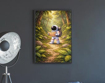 Astronaut Wall Art Exploring a Jungle Path, Surreal Space Illustration with Adventure Mood