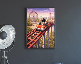 Arte mural de un astronauta montando en una montaña rusa, ilustración espacial surrealista con un ambiente de aventura alegre.