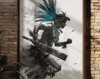Aztec Eagle Warrior Wall Art, Monochrome Tribal Fighter Poster With Turquoise