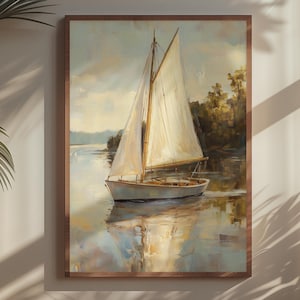 Old Money Sailboat Wall Art, Vintage Nautical Oil Painting Poster