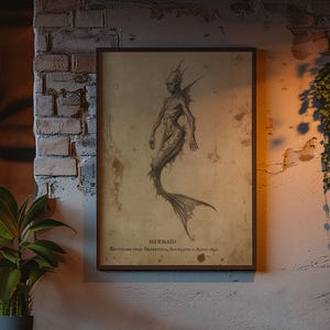 May include: A rectangular framed wall art print featuring a sepia-toned illustration of a mermaid-like creature with fins and a tail. The text "MERMAID" is printed below the figure, followed by smaller, indistinct text on a weathered paper background.