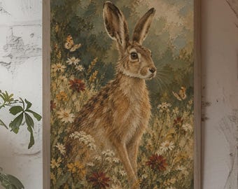 Hare Wall Art, Vintage Woodland Nursery Decor, Wildflower Meadow Impasto Style