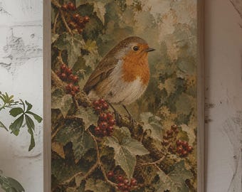 Robin Wall Art, Vintage Woodland Nursery Decor, Red Berry Forest Impasto Style