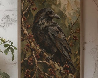 Raven Wall Art, Vintage Woodland Decor, Dark Forest Bird with Berries Impasto Style