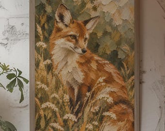 Red Fox Wall Art, Vintage Woodland Decor, Wildflower Forest Wildlife Impasto Style