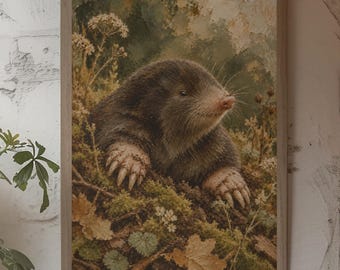 Mole Wall Art, Vintage Woodland Nursery Decor, Forest Floor Wildlife Impasto Style