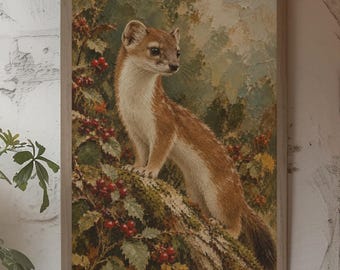 Stoat Wall Art, Vintage Woodland Decor, Autumn Forest Wildlife Impasto Style