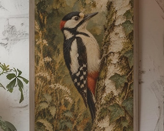 Woodpecker Wall Art, Vintage Woodland Decor, Birch Forest Bird Impasto Style
