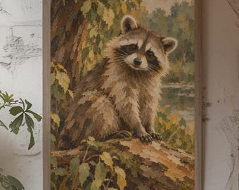 Cute Raccoon Wall Art, Vintage Woodland Nursery Decor, Lakeside Forest Impasto Style