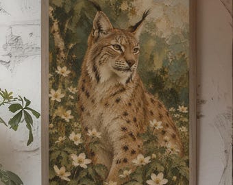 Lynx Wall Art, Vintage Woodland Decor, Floral Forest Wildlife Impasto Style