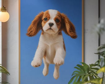 Cavalier Puppy Wall Art, Whimsical Spaniel Oil Painting Poster