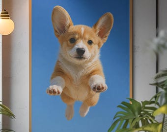 Corgi Puppy Wall Art, Whimsical Dog Oil Painting Poster for Nursery