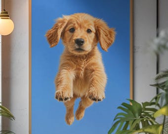 Golden Retriever Puppy Wall Art, Whimsical Dog Oil Painting Poster