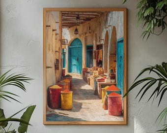 Doha Souq Wall Art, Vintage Qatar Market Print, Colorful Arabian Poster