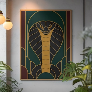 May include: A rectangular wall art print featuring a stylised cobra illustration. The design uses a palette of dark green, deep red, and gold lines to create a geometric pattern. The cobra is centred with its hood flared, framed by arched lines.