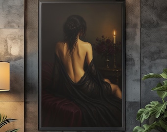 May include: A framed wall art print depicting a person with dark hair seen from behind, wearing a black lace garment draped off the shoulders. The scene is set in a dimly lit room with a single lit candle and dark red fabric in the background.