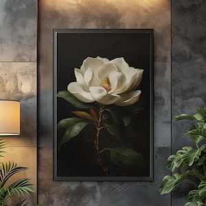 Victorian Magnolia Wall Art, White Botanical Floral Print Inspired by Antique Oil Paintings for Classic Home Decor