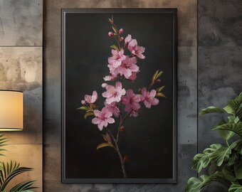 May include: A rectangular wall art piece featuring a detailed illustration of a flowering cherry blossom branch with light pink petals and green leaves set against a solid dark charcoal background, enclosed in a thin black frame.