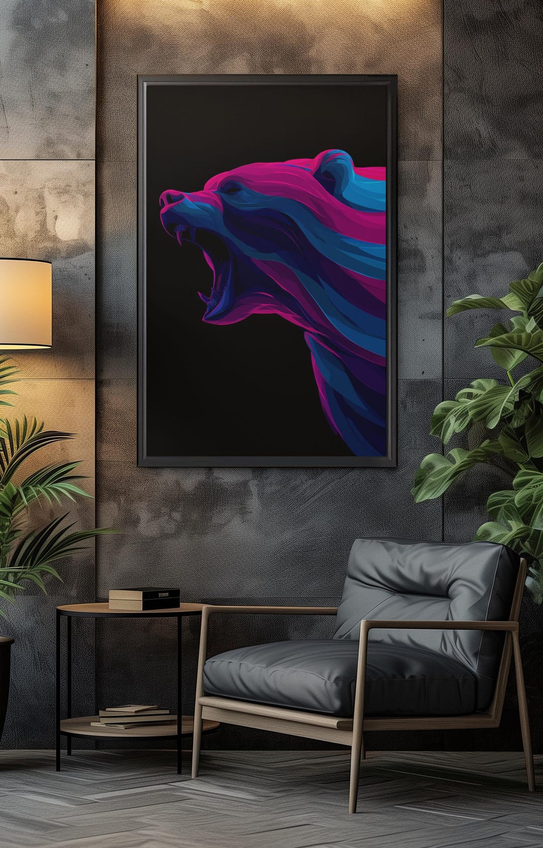 Neon Bear Wall Art, Dark Abstract Roaring Animal Poster for Modern ...
