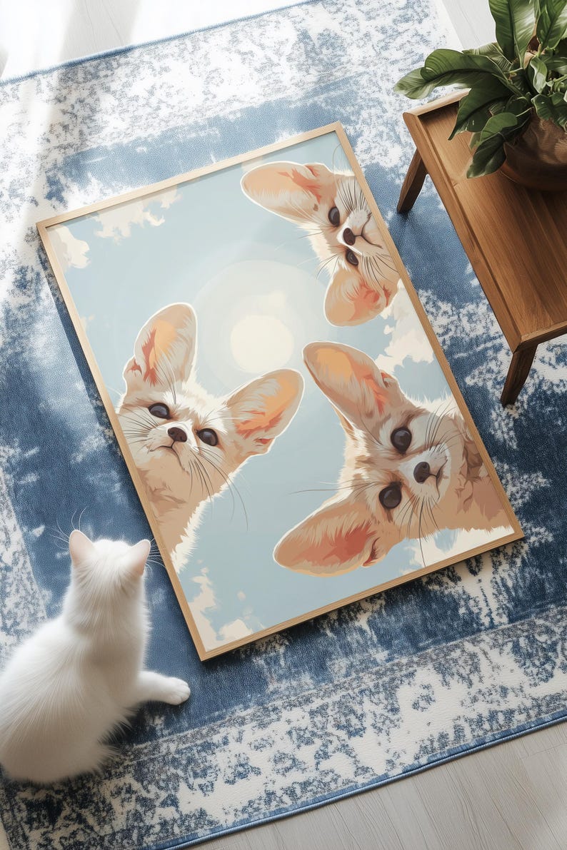 Op de afbeelding: Een ingelijste muurkunstprint met drie woestijnvossen met grote oren die naar beneden kijken vanuit een lichtblauwe lucht met witte wolken en een bleke zon. De vossen hebben een beige vacht, donkere ogen en lange snorharen in kikkerperspectief.