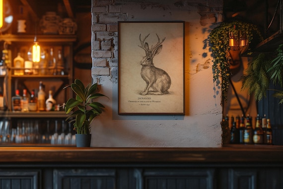 Jackalope Vintage Illustration, Antique Cryptid Wall Art, Archival American Folklore Engraving