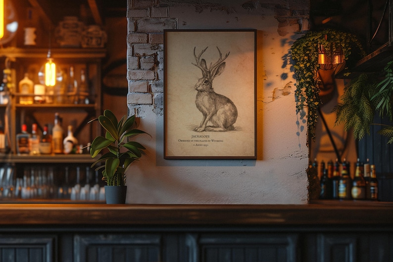 May include: A rectangular framed wall art print featuring a detailed charcoal-style illustration of a jackalope. The text below the creature reads: JACKALOPE, OBSERVED ON THE PLAINS OF WYOMING, CIRCA 1921. The print has a vintage, aged paper appearance.