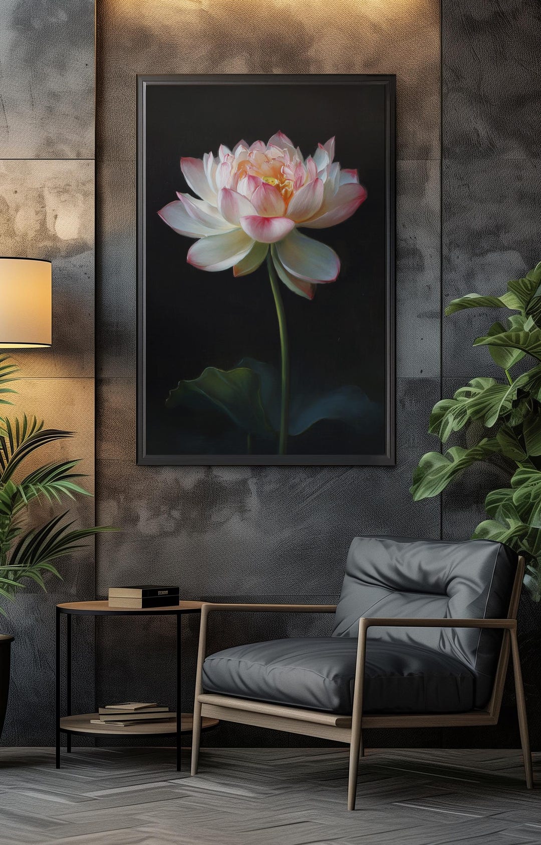 Victorian Lotus Wall Art, Single White Lotus Oil Painting on Dark ...