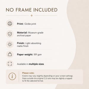 Puede incluir: Un gr&aacute;fico informativo con el texto NO FRAME INCLUDED. Enumera las especificaciones del producto: impresi&oacute;n Gicl&eacute;e, papel de archivo de calidad de museo, acabado mate que absorbe la luz, peso de papel de 189 gsm y disponibilidad en varios tama&ntilde;os.