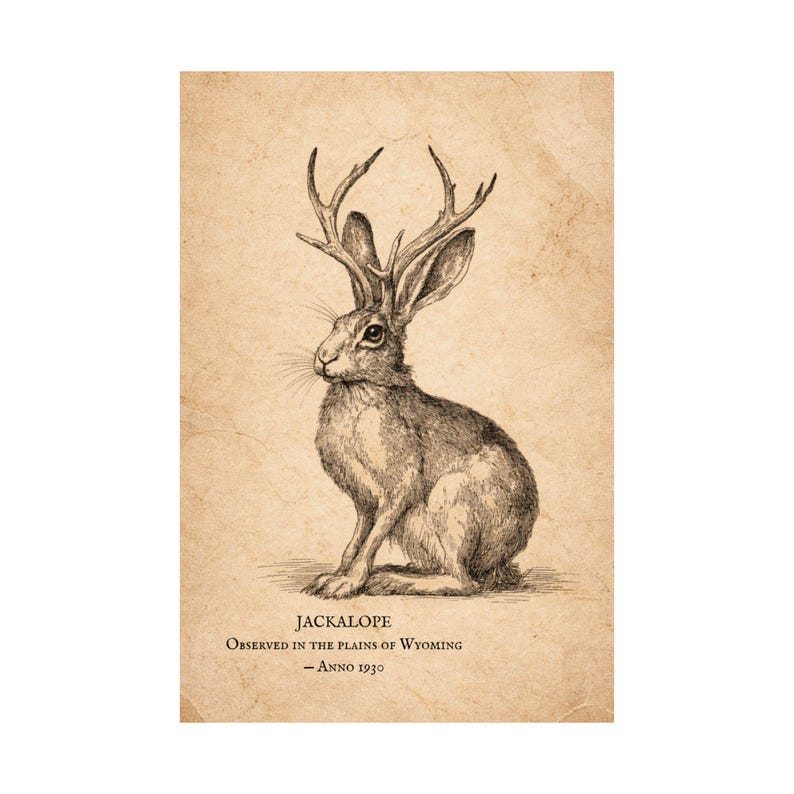 Jackalope Vintage Illustration, Antique Cryptid Wall Art, Archival American Folklore Engraving image 3