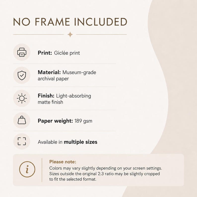 Op de afbeelding: Een informatieve afbeelding met de tekst NO FRAME INCLUDED. Het bevat productspecificaties: Gicl&eacute;e-print, archiefpapier van museumkwaliteit, lichtabsorberende matte afwerking, 189 gsm papiergewicht en beschikbaarheid in meerdere formaten.