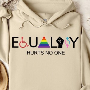 May include: A beige hooded sweatshirt featuring the black text "EQUALITY" with a red wheelchair symbol for the Q, a rainbow triangle for the A, a black raised fist for the L, and a pink and blue gender symbol for the I, plus "HURTS NO ONE".